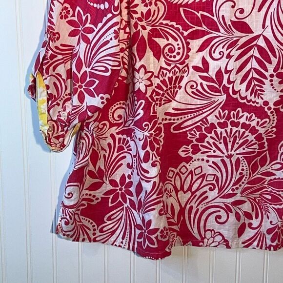 Pappagallo 3/4 Sleeve Button Up Top Women 3X Pink Yellow Tropical Peekaboo Cuffs - Picture 11 of 12